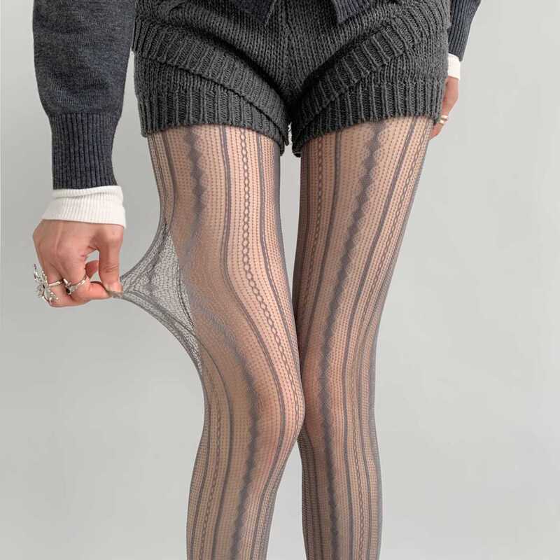 "Wild Growth" Coffee-Colored Retro Personality Hollow Lace Fishnet Stockings Vertical Stripe Jacquard Pantyhose B51