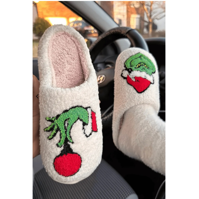 Amazon cross-border Christmas Greenwich cotton home cotton slippers half closed toe warm fleece-lined furry shoes Slides