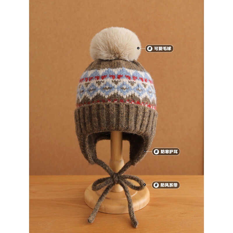 Vintage Jacquard Knit Ear Protection Lei Feng Hat Girl Sweet Kawaii Fur Ball Pullover Hat Fair Isle Sheep Vintage Jacquard Knit Ear Protection Lei Feng Hat Girl Sweet Kawaii Fur Ball Pullover Hat Fair Isle Sheep