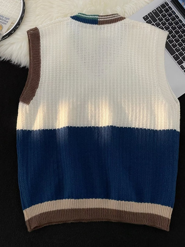 Japanese Retro Knit Sweater Casual Backless Vest Cardigan Men and Women Color Block V-Neck Hooded Wool Sweater