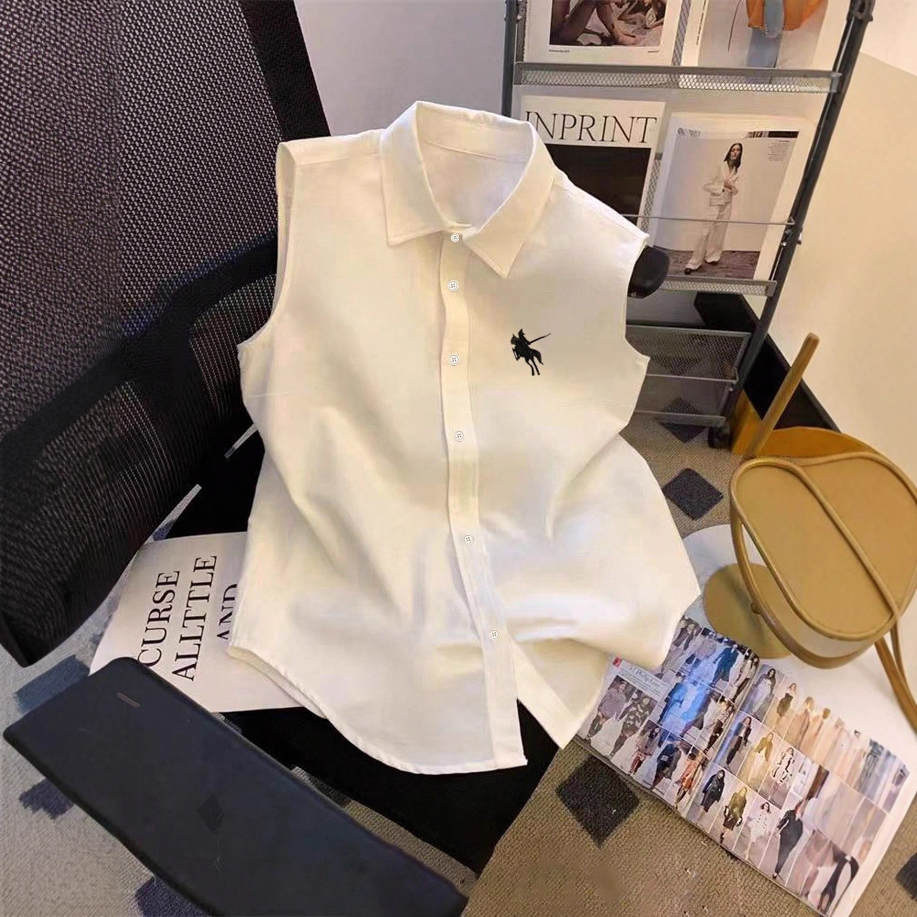 Summer Embroidered Dopamine Loose Slimming Top Versatile Lapel Sleeveless Shirt Vest