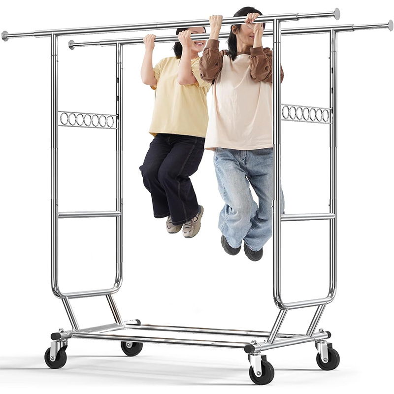 Heavy Duty Clothes Hanger Clothing Store Display Simple Hanger Floor-standing Movable Folding Coat Rack Parallel Bars