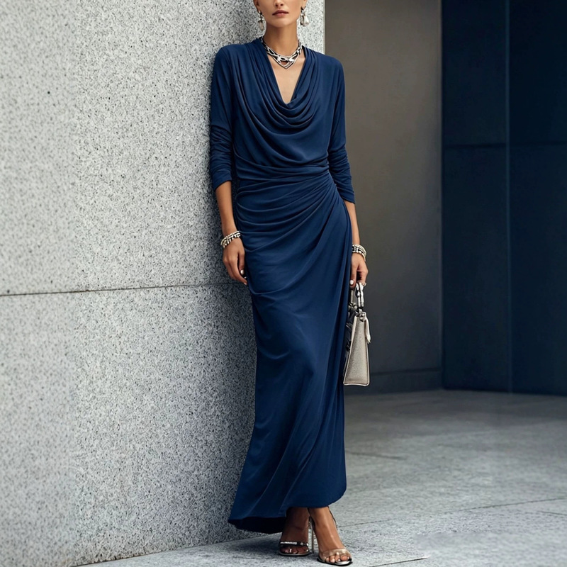 2026 New Drapey Long-Sleeve Dress with Elegant Waist-Cinching Pleats, European and American Style Commuting Dress for Women 2026 New Drapey Long-Sleeve Dress with Elegant Waist-Cinching Pleats, European and American Style Commuting Dress for Women
