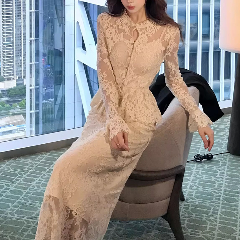 2025早秋新款优雅修身蕾丝套装长袖收腰上衣内搭高腰直筒半身裙潮|undefined