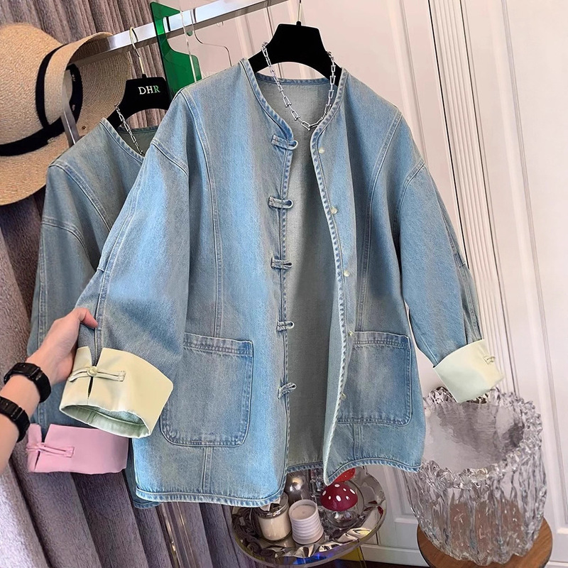 Hong Kong Fashion Brand Fake Two-Piece Design Denim Jacket for Women Spring New Chinese Style Retro Button Top Loose Large Size Jacket