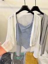 2025夏季新款韩版时尚百搭格子吊带背心女搭配罩衫宽松两件套上衣