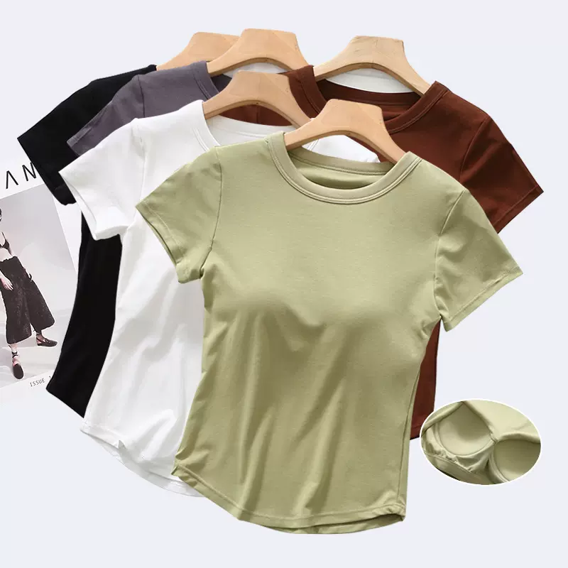 自带胸垫短袖t恤女外穿免穿内衣文胸一体式内搭打底宽松瑜伽上衣