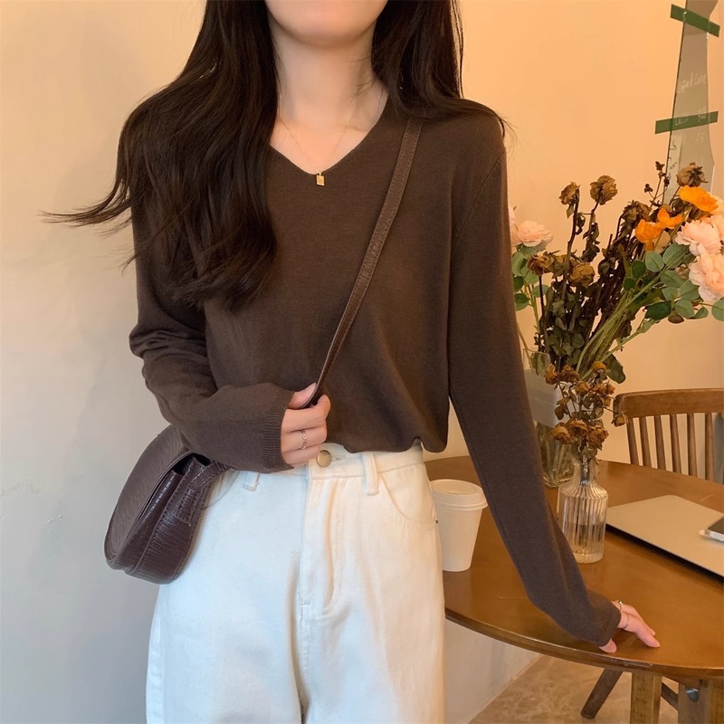 春秋冬季2025新款韩版长袖V领套头内搭打底针织衫女宽松毛衣上衣|undefined