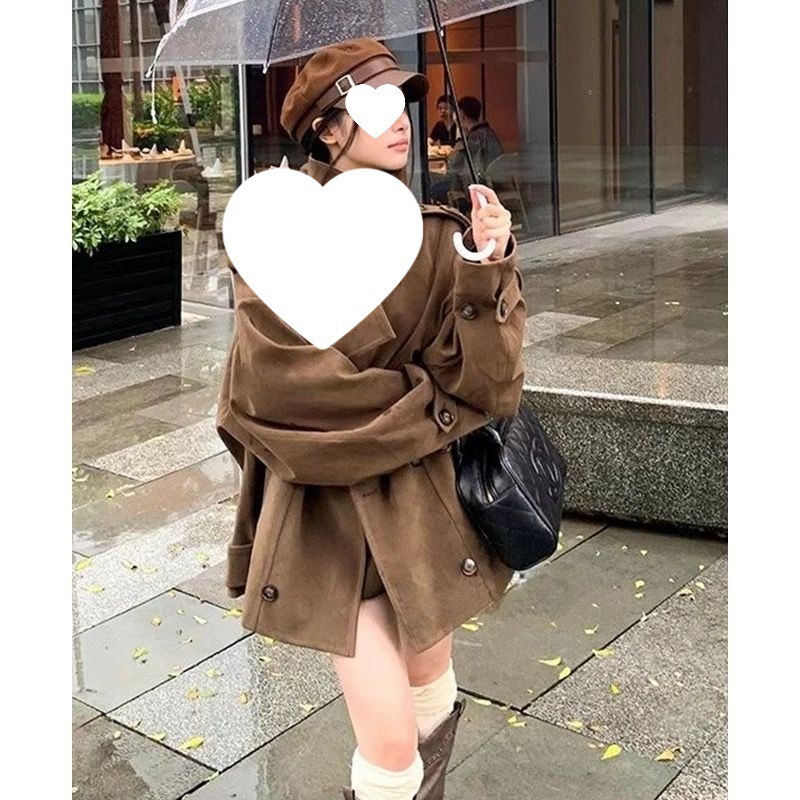 棕色设计感立领麂皮小个子外套女2025秋新款韩系复古宽松休闲大衣|undefined