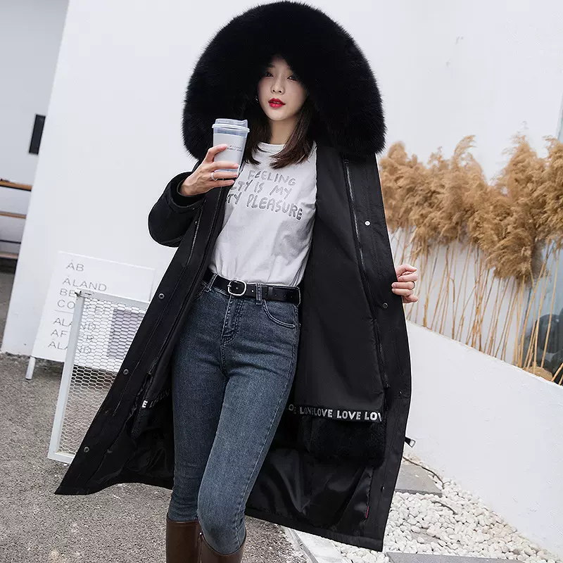 派克服女2020冬新款真毛内胆可拆卸外套兔毛狐狸毛中长款皮草大衣