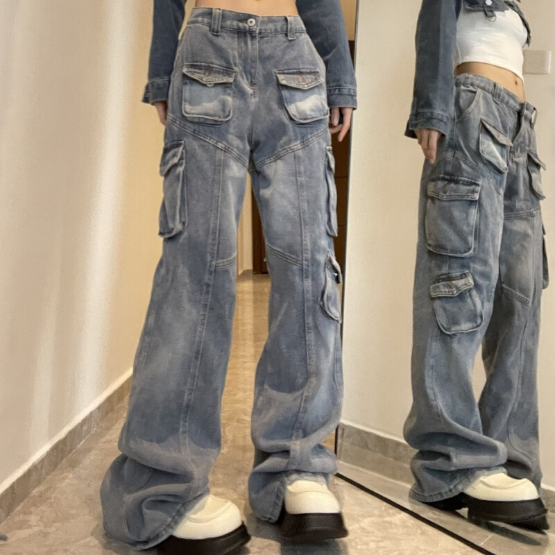 2024 Design Sense Straight Retro Low Waist Casual Tooling Jeans Women's Autumn and Winter Loose Washed Multi-Pocket Trousers