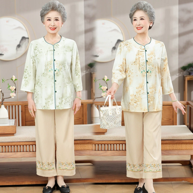 Летний костюм для женщин среднего и пожилого возраста, комплект из двух предметов: рубашка с рукавом три четверти для бабушки, новый топ в китайском стиле для старух.