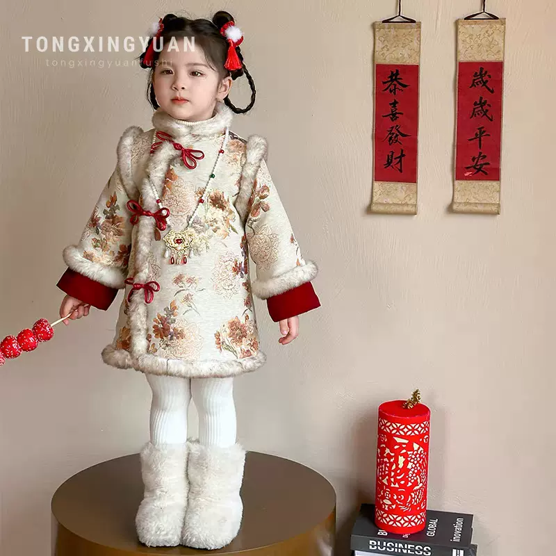童星圆拜年服女童汉服冬季儿童加绒旗袍裙宝宝国风中式喜庆新年服