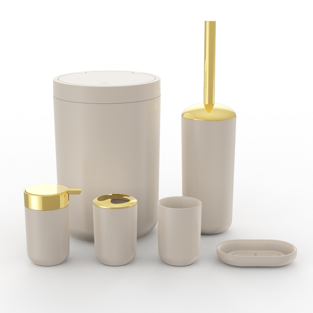Plástico de color sólido chapado en oro seis piezas conjunto de cepillo de dientes caja de jabón cepillo de inodoro almacenamiento baño conjunto de lavado