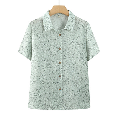 Women's Summer Thin Floral Full Cotton Shirt, Short Sleeve Blouse for Middle-Aged Women, Grandmother's Collared Cotton Mother's Top