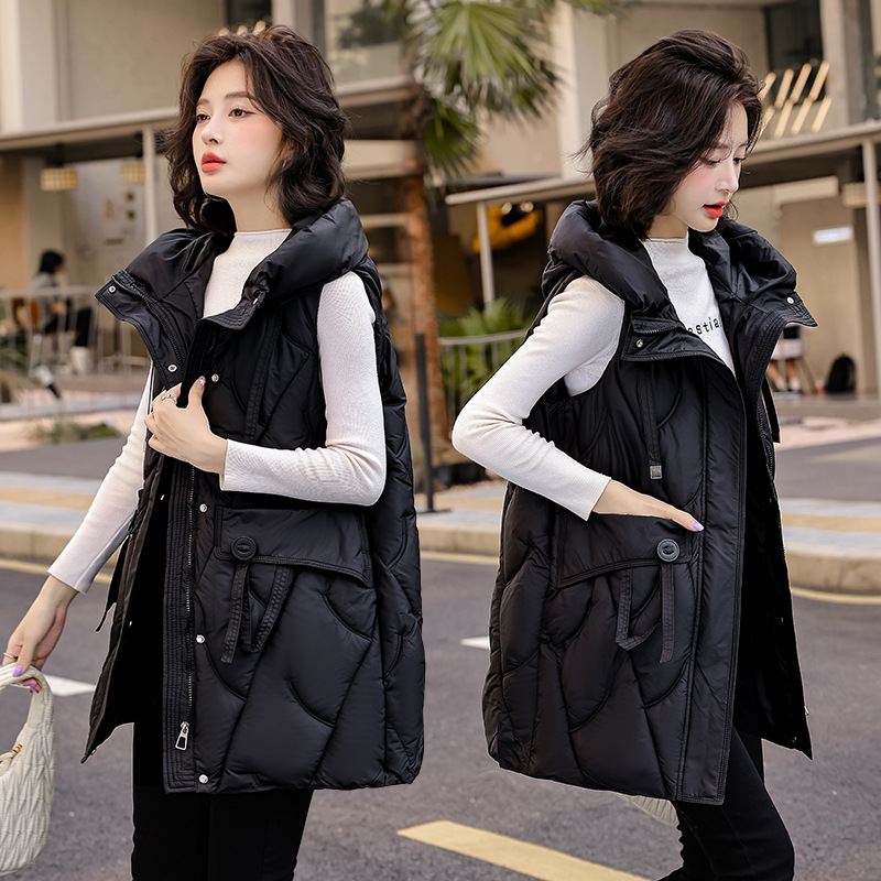 다운 코튼 조끼 여성의 긴 2024 가을과 겨울 플러스 사이즈 슬림 후드 양복 조끼 패딩 코튼 코트