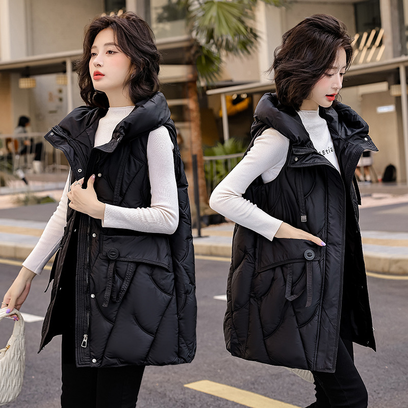 Down cotton vest women's long 2024 autumn and winter plus size slim hooded waistcoat vest padded cotton coat