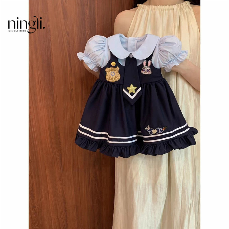 Lemon-Colored Lolita Princess Dress for Girls, Stylish 2026 New Summer Model, Little Girl Bunny Police Officer Dress Trendy