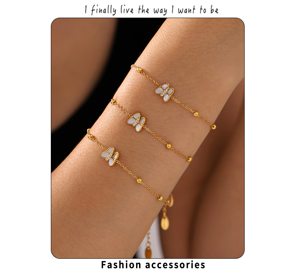 Natural Real Shell Butterfly Diamond 3A Zircon Small Bead Bracelet Titanium Steel Non Fading Bracelet_voghion.com