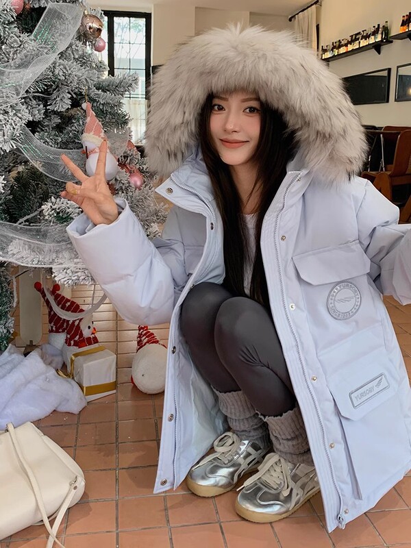 929连帽大毛领2025冬季新款工装派克羽绒棉服 女中长款宽松外套|undefined