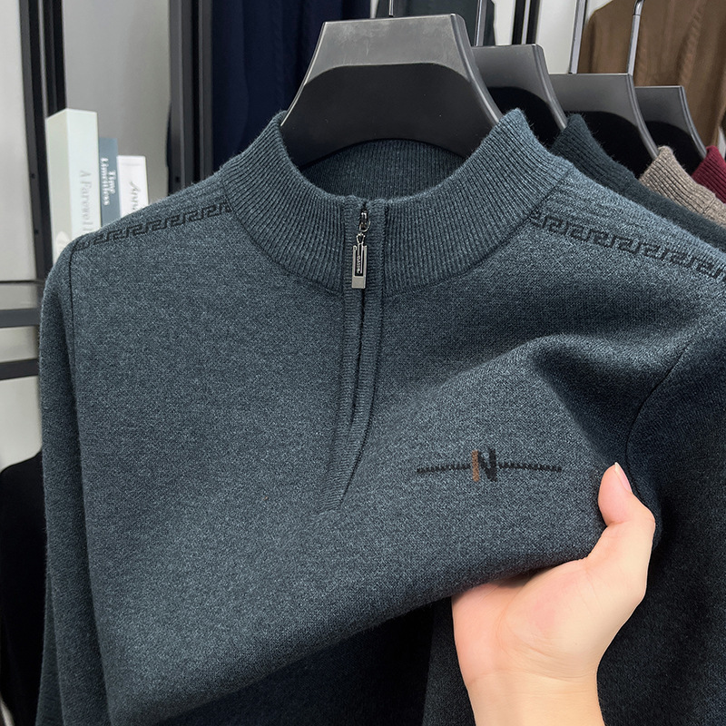 Men's Middle-Aged and Elderly Knitwears, Warm Dad Clothes, New Versatile Zipper Half Turtleneck Knitwears, High-End Quality