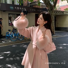 冬季新品高端双面羊毛系带大衣袖口可拆狐狸毛气质双面羊绒外套女