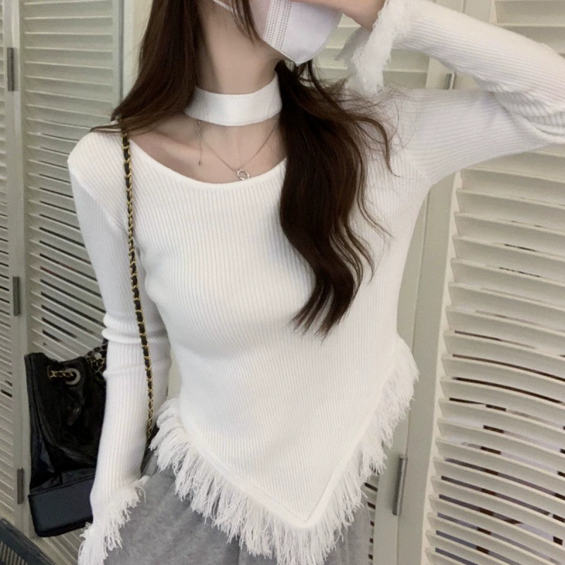 Нишевый шикарный горячий свитер с кисточками для женщин 2023 Новый нерегулярный внутренний топ на бретельках зима