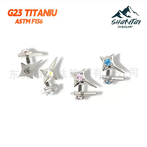 F136 Titanium Alloy Four-Pointed Star Earrings with Diamonds, Implant-Grade G23 Titanium Alloy Body Piercing Jewelry Ear Bone Nails