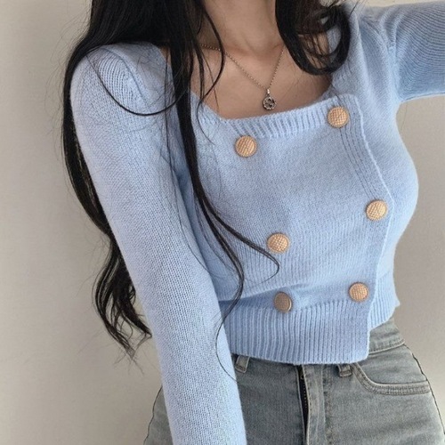 Autumn Hong Kong-style pure desire design square collar button short-sleeve long-sleeve base knit sweater trendy simple women's top