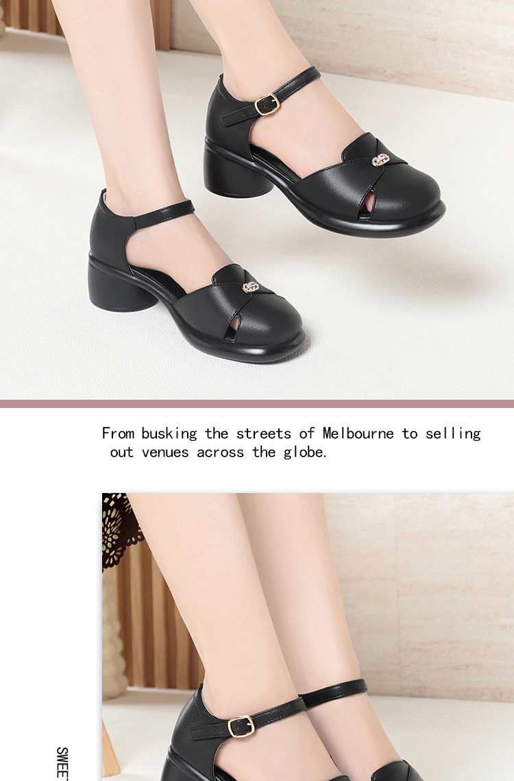 Sandal cao gót nữ quai ngang da bò thật, gót vuông ổn định, đế dày phong cách La Mã — Đen【Da bò lớp đầu】 chi tiết 9
