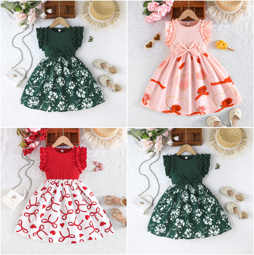Cross-Border Ladylike Style Summer Dress for Little Girls with Ruffled Sleeves and Bow Tie, Full Printed Skirt, in Stock