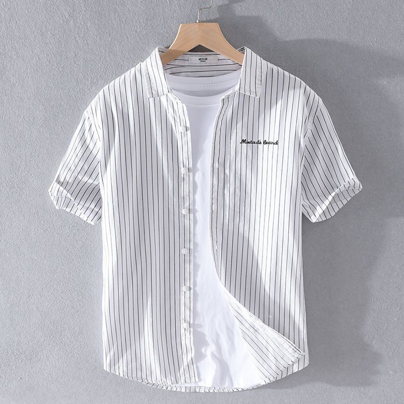 Japanese Striped Embroidered Short-Sleeved Shirt Men's Summer Korean Style Trendy Thin Casual Half-Sleeved Casual Loose Shirt