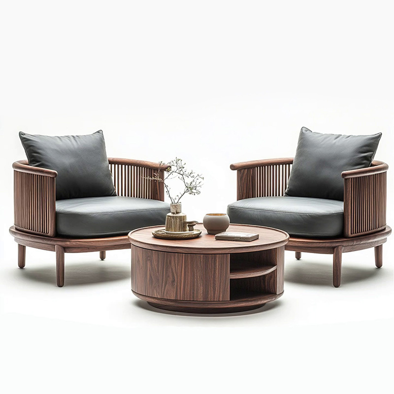 2025新款轻奢北美黑胡桃木沙发客厅简约别墅轻奢皮艺实木休闲椅