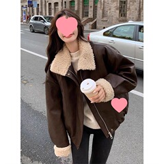 美式复古咖色机车皮衣外套女冬季加绒加厚新款羊羔毛拼接保暖宽松