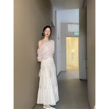 设计感斜肩长袖雪纺衫女2025秋季新款纯欲立体花朵宽松别致上衣潮