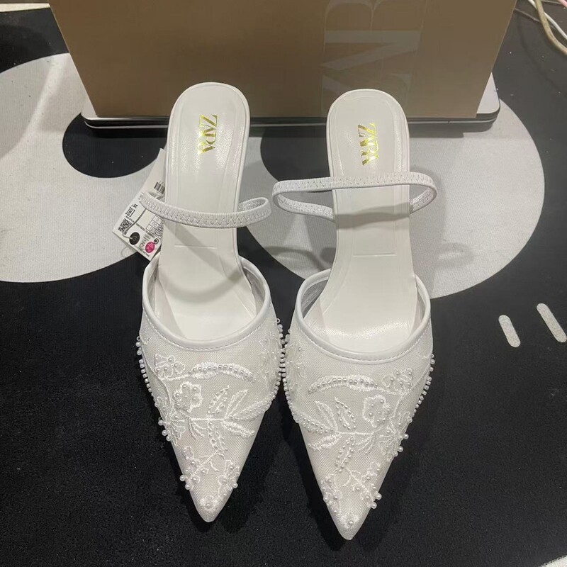 Za2025 New Roman Summer Versatile Sandals, Feminine Embroidered Back Strap Craft High Heels, Stiletto Heels, Slimming Look