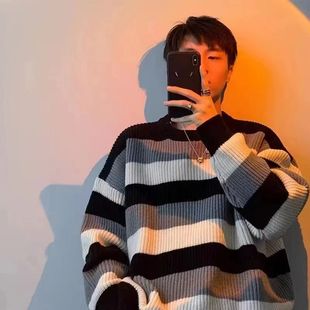 Japanese Style Retro Striped Loose Lazy Style Sweater Men's Autumn and Winter Hong Kong Style All-match Simple Round Neck Sweater Trendy