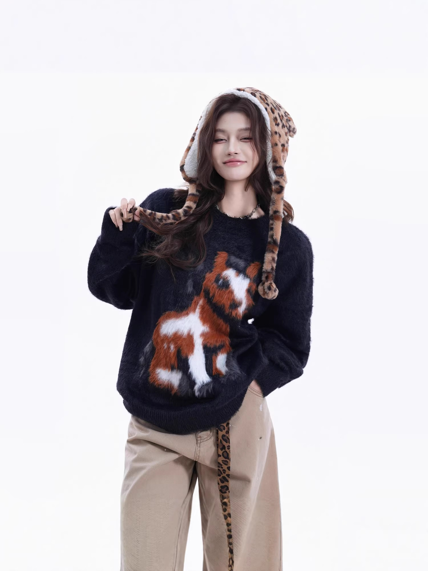 American-Style Faux Mink Fur Fun Pony Embroidery Knit Sweater for Women, Trendy Brand Loose Casual Couple's Top