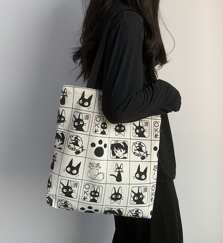  New Canvas Bag Women's Shoulder Versatile Ins Cute Cat Cartoon Student Class Zipper Portable Cloth Bag