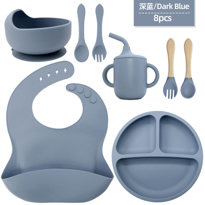 Juego de vajilla de silicona para niños, tazón de alimentos suplementarios, cuchara de silicona para bebé, tazón de silicona, vajilla de silicona, juego de ocho piezas de grado alimenticio