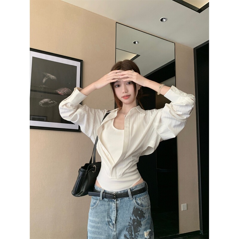Sunoneone Tencel One-Piece White Shirt Women's Summer French Slim Waist Polo Collar Top Fake Two Pieces
