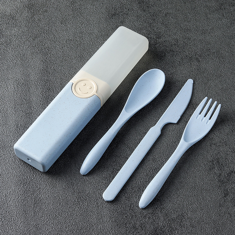Cuchillo portátil, tenedor y cuchara conjunto de tres piezas de trigo estudiante de viaje palillos, tenedor y cuchara trabajo en caja Smiley vajilla traje logo