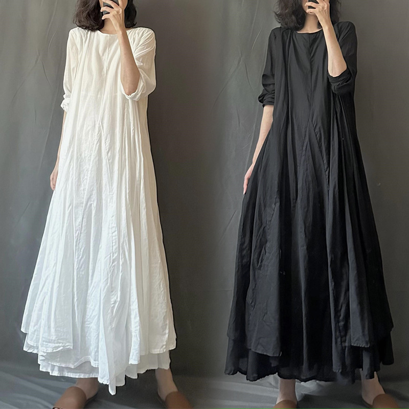 Black and White Minimalist Style Round Neck Pullover Long-Sleeve Loose Mori-Style Extended Thin Cotton Long Dress Gown