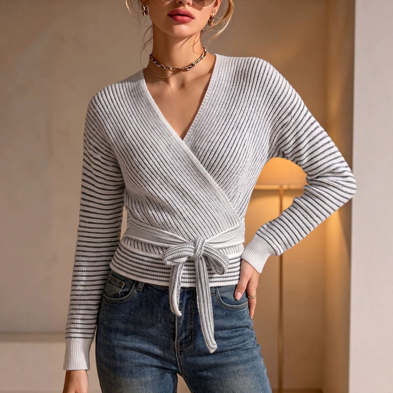 Cross-border bestseller V-neck cross-tie waist-cinching knit top, striped fluffy elastic long-sleeve for women, suitable for all-season vacations Cross-border bestseller V-neck cross-tie waist-cinching knit top, striped fluffy elastic long-sleeve for women, suitable for all-season vacations