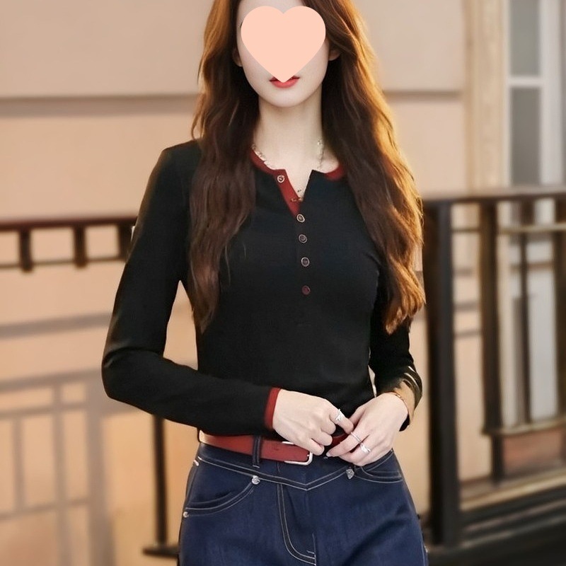 长袖打底衫女秋冬季2025新款撞色排扣修身恤设计感洋气内搭上衣|undefined