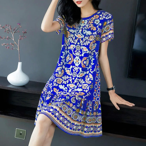 2025 Vintage Print Round Neck Imitation Ice Silk Loose Casual Five-Finger Sleeve Mid-Length Summer Slimming Dress for Women