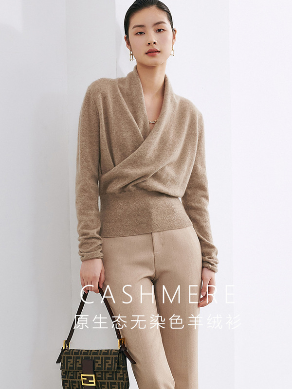 Autumn and Winter V Neck 100 Pure Wool Knitwear Women's New Knitwear Oatmeal Long-Sleeved Slim Knitwear Short Top