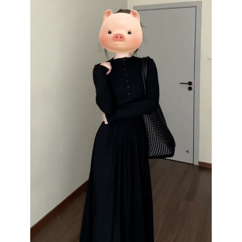 法式早秋穿搭黑色连衣裙子女2025年新款小个子感休闲气质修身长裙|undefined