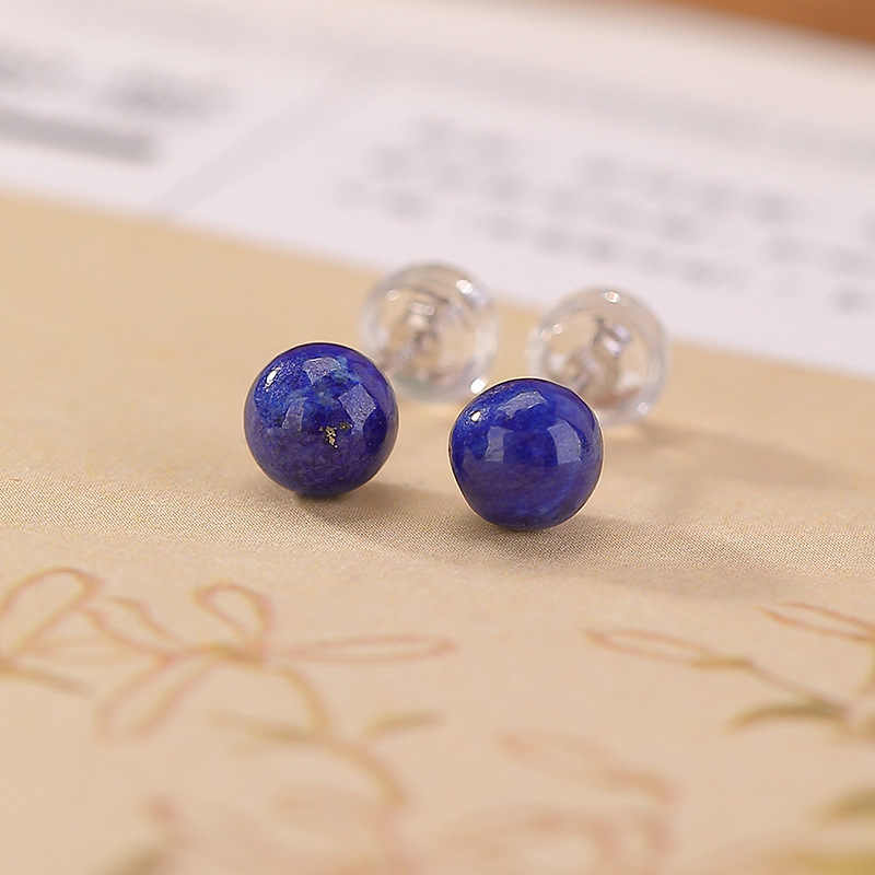 Khuyên tai nữ bạc S925 đính hạt lapis lazuli tròn phong cách tối giản — Một đôi