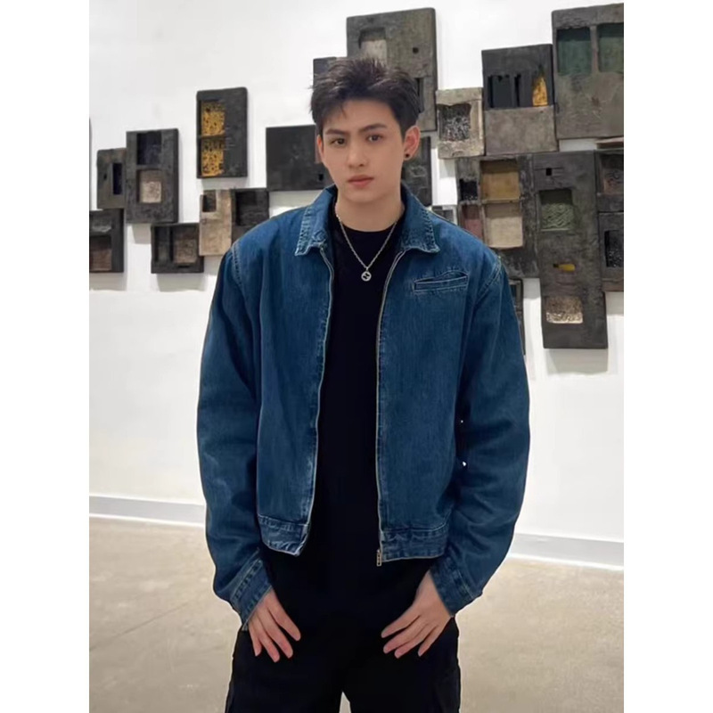 American-Style Trendy Brand Zip-Up Lapel Jacket for Men, Spring and Autumn, Hong Kong Style Niche Couple Retro Casual Denim Jacket